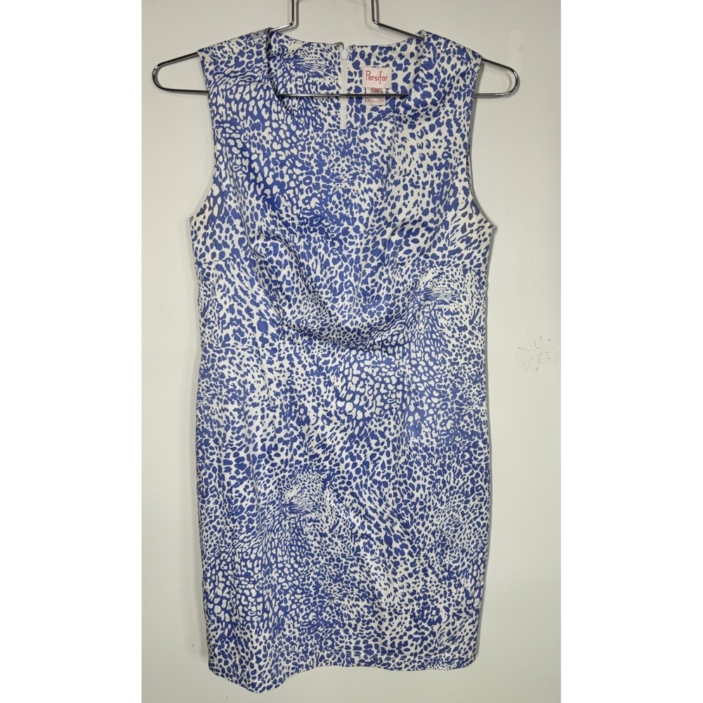 Persifor‎ Margot Sleeveless Shift Dress Blue White Animal Print Womens M Lined